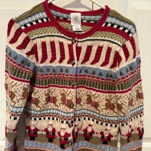 Red and Green Cardigan with Nordic Patterns